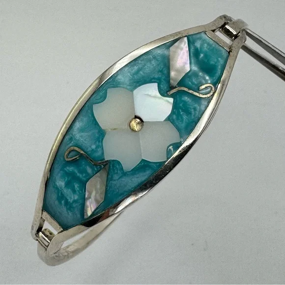 Vintage Taxco Mexico Mother of Pearl Floral Inlay Silver Bracelet Southwestern - Picture 8 of 10